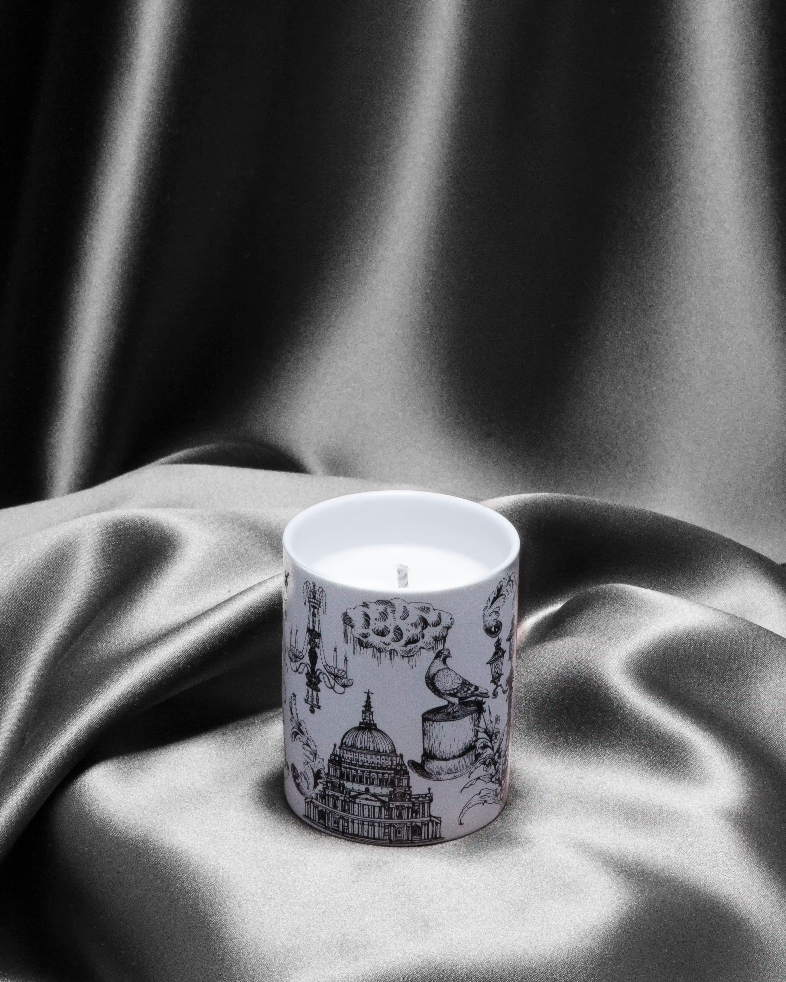 Detail of the City Grandeur, London 80g candle porcelain vessel illustration by Kerry Lemon