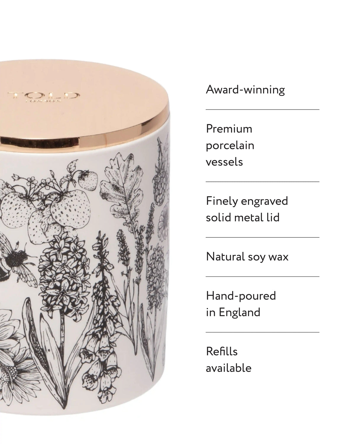 Glorious Gardens, England 300g 香氛蜡烛及其主要特点:获奖之作、优质瓷器皿、精细雕刻的实心金属盖、天然大豆蜡、英格兰手工灌制、提供补充装。