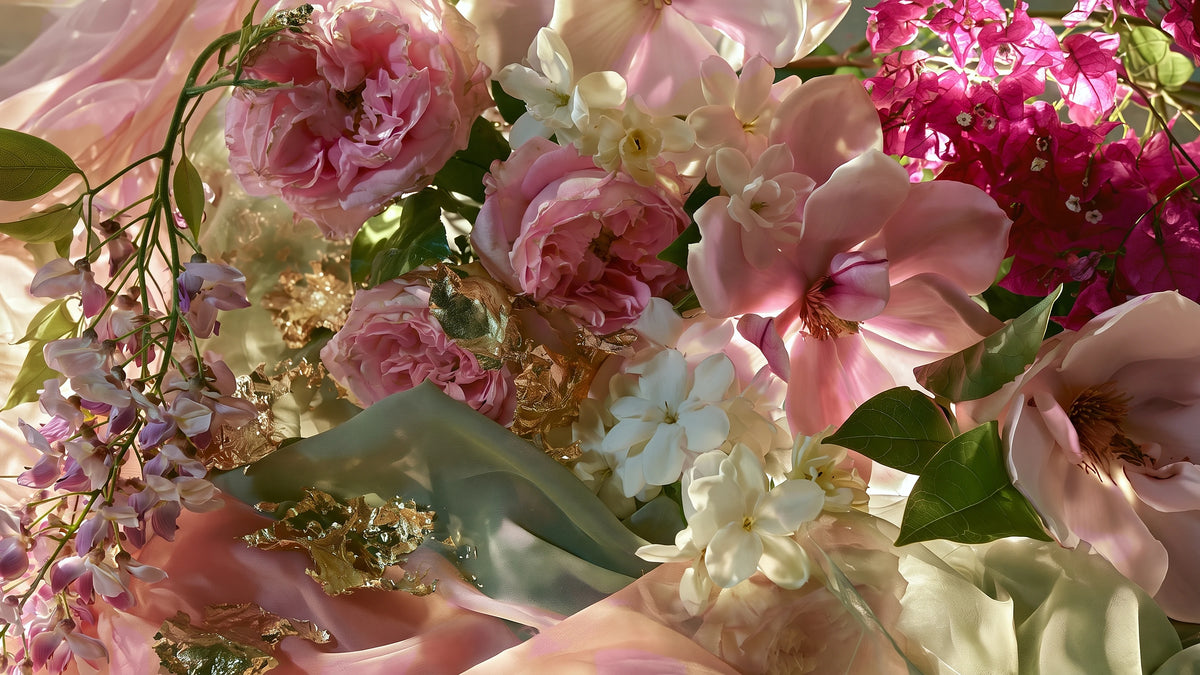 Pink roses, magnolia, white jasmine, wisteria and magenta bougainvillea on blush and green silk, flecked with gold leaf.