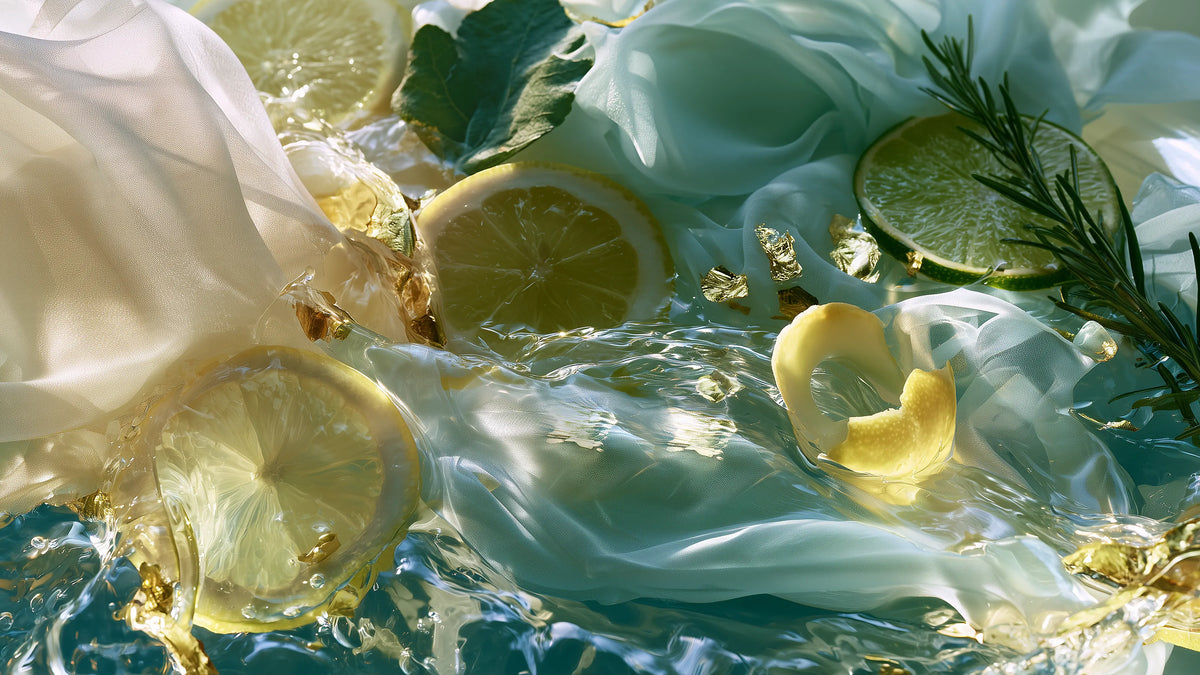 Pale chiffon in clear moving water with slices of lemon and lime, a curl of lemon peel, rosemary and green leaves, flecked with gold leaf.