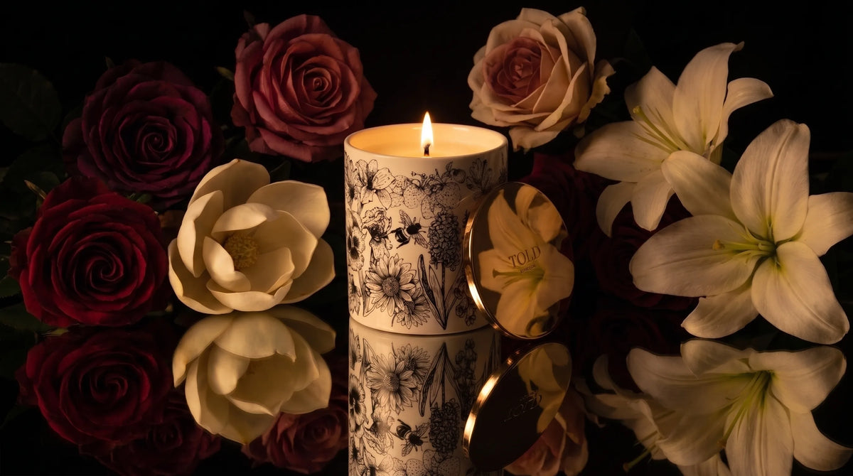 A lit Told London candle in illustrated porcelain, its gold lid leaning beside it, among deep red roses, cream magnolia and white lilies reflected on a dark mirrored surface.