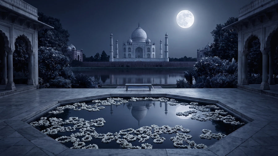 Il Taj Mahal sotto la luna piena, riflesso in una vasca cosparsa di fiori di gelsomino.
