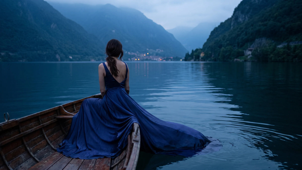 Una donna in un abito blu profondo, vista di spalle, seduta in una barca a remi di legno sul lago al crepuscolo.