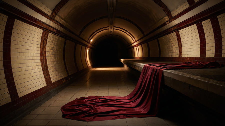 Tunnel curvo piastrellato di una banchina dismessa della metropolitana di Londra, seta color sangue di bue lungo il bordo.