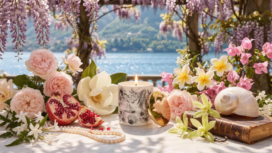 A lit Told London Island Breeze, Seychelles candle in white fine porcelain, its gold lid beside it, among pink roses, magnolia, frangipani, bougainvillea, a split pomegranate and pearls on a sunlit marble table above Lake Como, wisteria overhead