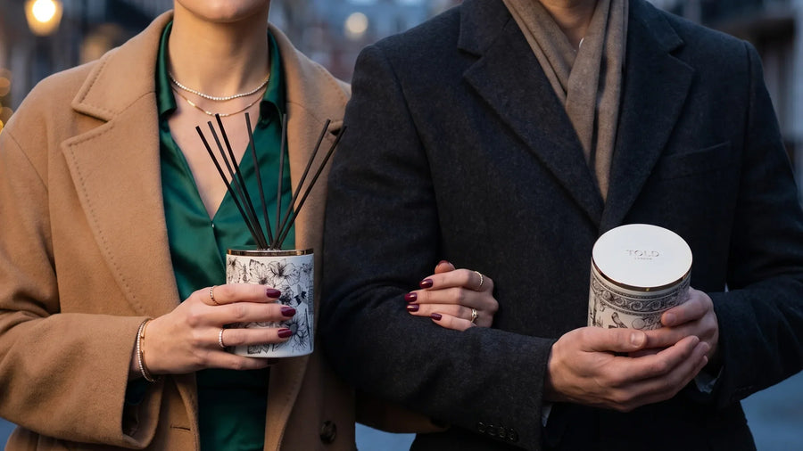 To gæster i uldfrakker kommer til en indflytterfest, ansigterne ude af billedet, den ene med en diffuser Glorious Gardens, England fra Told London med sorte duftpinde, den anden et duftlys City Grandeur, London med guldlåg, en London-gade i skumringen.