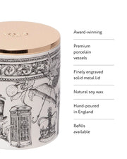 City Grandeur, London 300g 香氛蠟燭及其主要特點：獲獎之作、優質瓷器皿、精細雕刻的實心金屬蓋、天然大豆蠟、英格蘭手工灌製、提供補充裝。