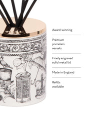 Kvapų difuzorius su lazdelėmis City Grandeur, London, 200 ml, ir jo pagrindinės savybės: apdovanotas, aukštos kokybės porcelianinis indas, dailiai graviruotas masyvus metalinis dangtelis, pagamintas Anglijoje, galimi papildymai.