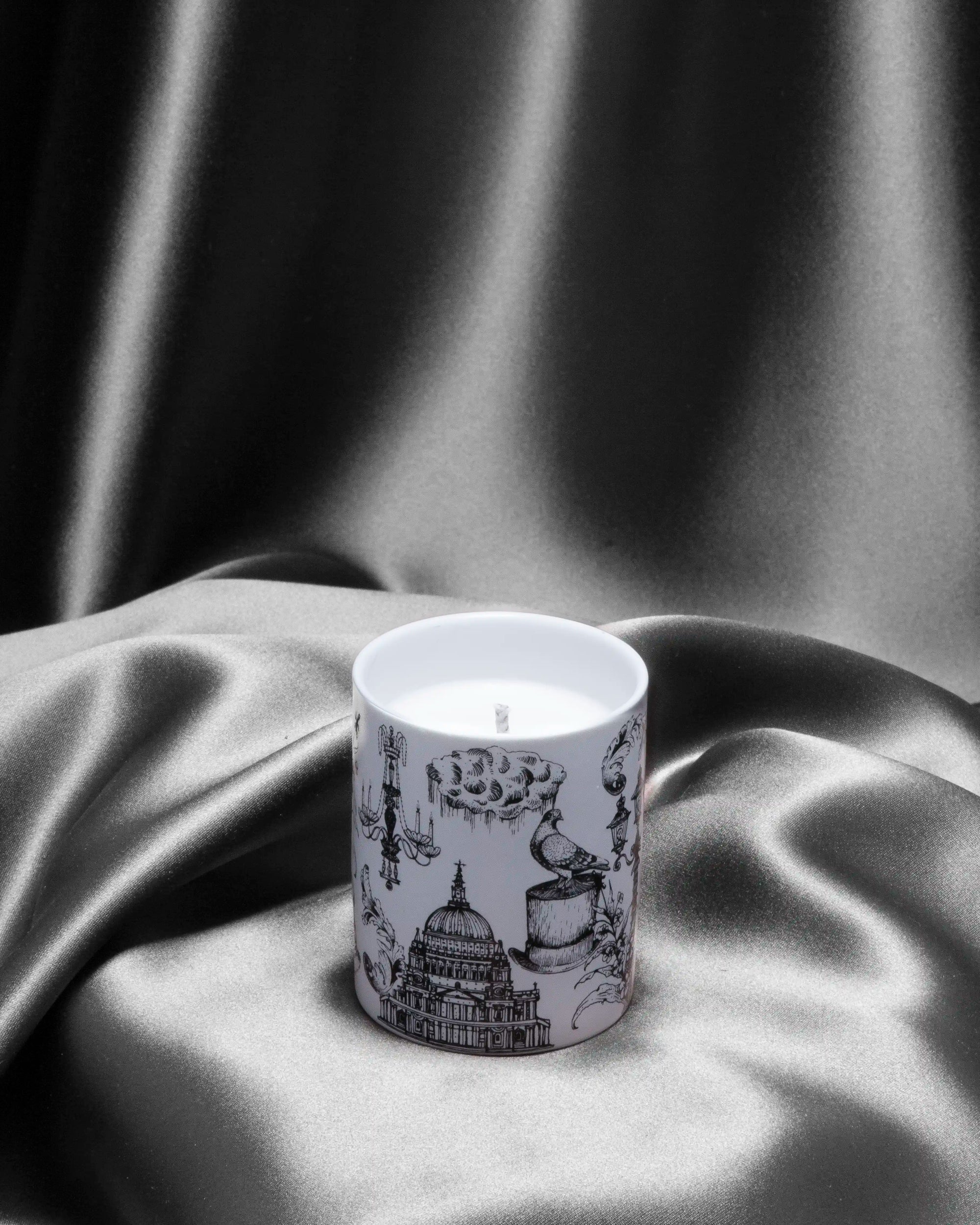 Detail of the City Grandeur, London 80g candle porcelain vessel illustration by Kerry Lemon