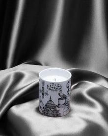 Detail of the City Grandeur, London 80g candle porcelain vessel illustration by Kerry Lemon