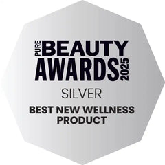Hexagonal silver award plaque for 'Best New Wellness Product' at the Pure Beauty Awards 2025 on a silver background.