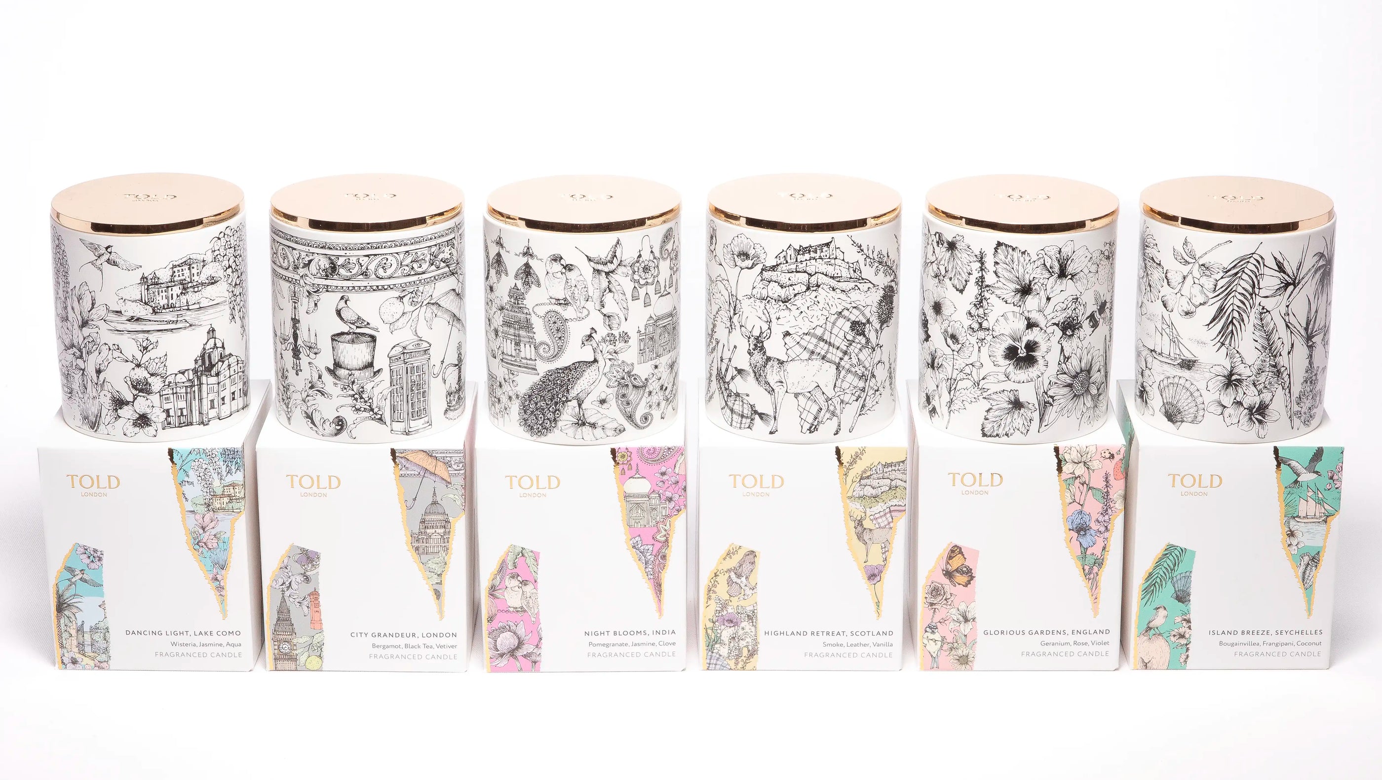 Told London six illustrated 300g Candles and packaging