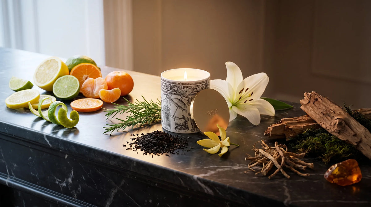 A lit City Grandeur, London candle on a dark marble mantel with a white lily, loose black tea, rosemary and slices of orange and lime.