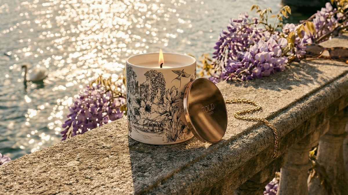 A lit Dancing Light, Lake Como candle on a stone balustrade with wisteria, sunlight glittering on the lake and a swan below.
