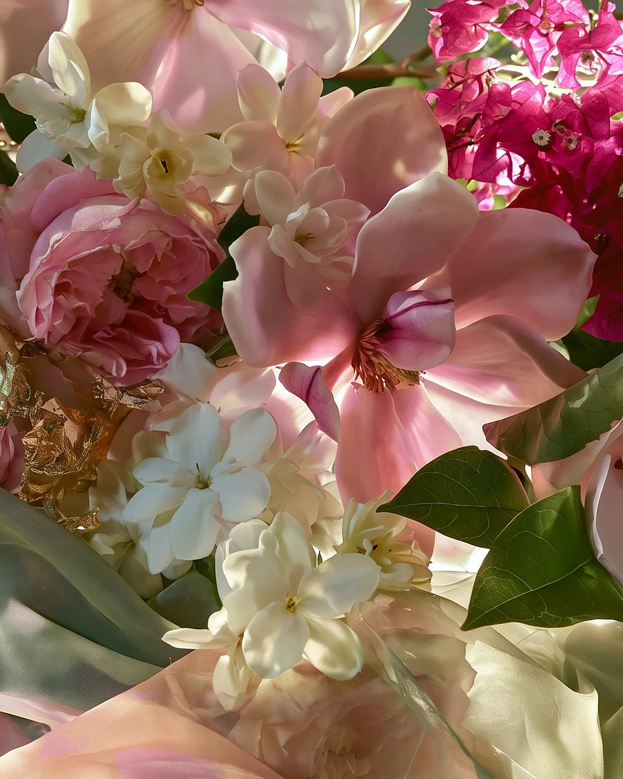 Rose rosa, magnolia, gelsomino bianco e bougainvillea magenta, fitti e rigogliosi.