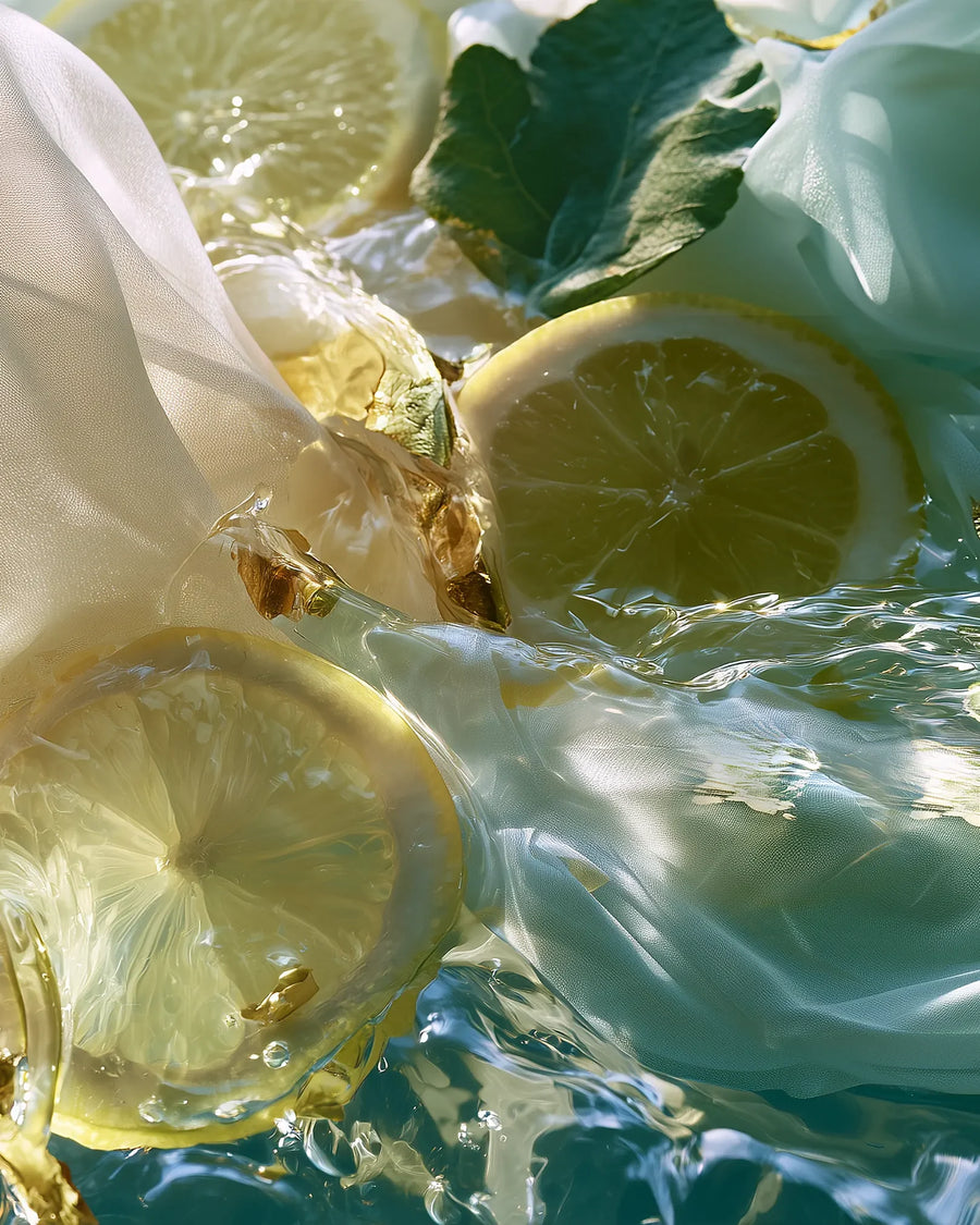 Fette di limone e una foglia verde in acqua limpida e corrente con chiffon chiaro, punteggiate di foglia d'oro.