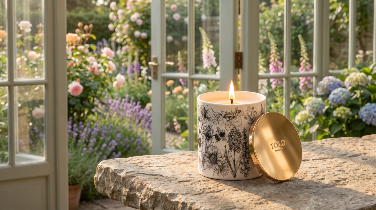 A lit Glorious Gardens, England candle on a stone table by open French doors, roses, lavender, foxgloves and hydrangeas in the garden beyond.