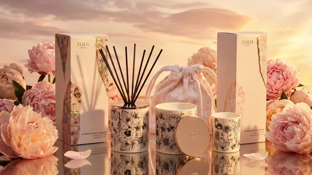 Told London Glorious Gardens, England reed diffuser, 300g and 80g candles in white fine porcelain with hand-drawn black botanical motifs and gold lids, with their boxes and a printed cotton refill pouch among pink peonies at sunset