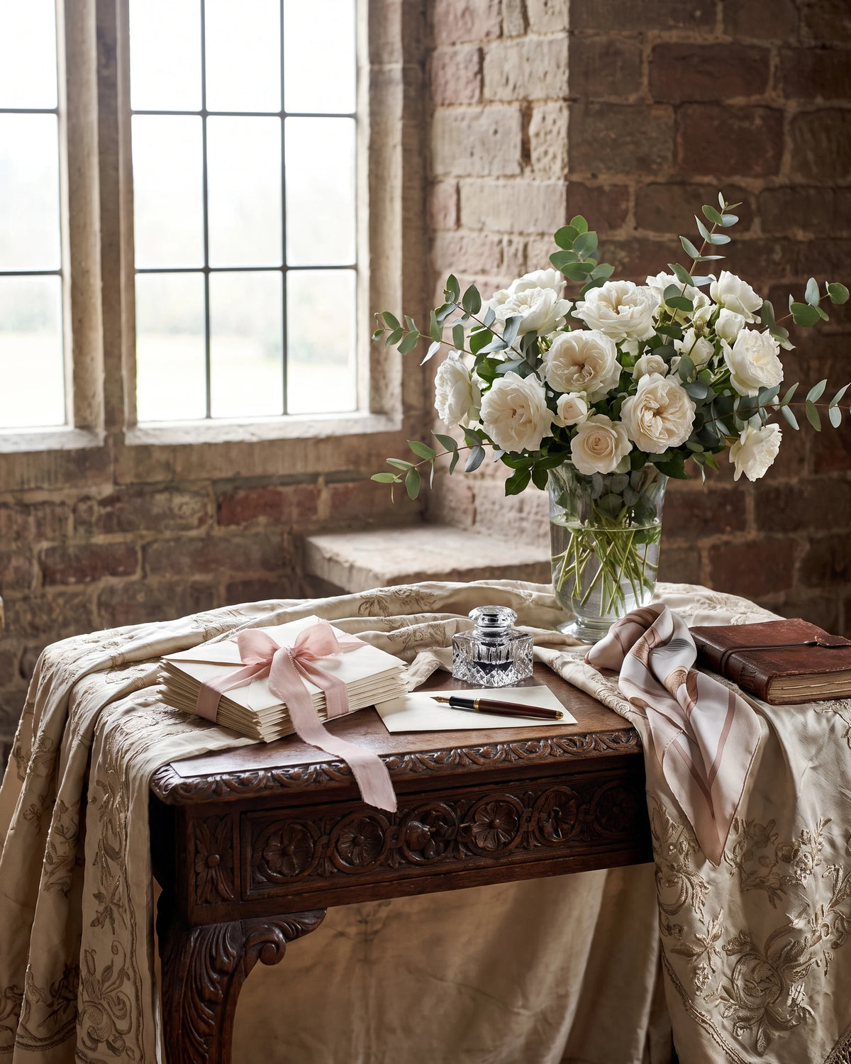A carved wooden writing desk draped in embroidered silk by a leaded window, with white roses in a glass vase, a bundle of letters tied with pink ribbon, an inkwell and a fountain pen.