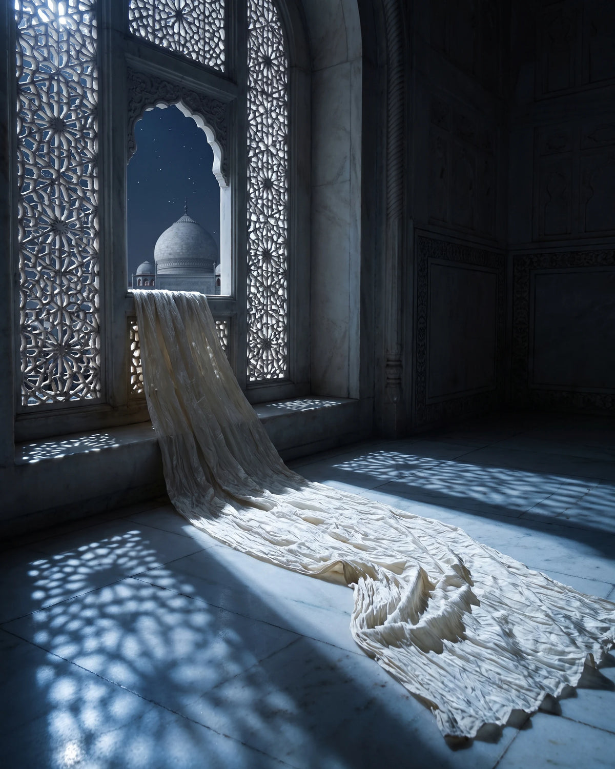 A marble jali window with the dome beyond it by moonlight, pale silk falling from the sill across the patterned light on the floor.