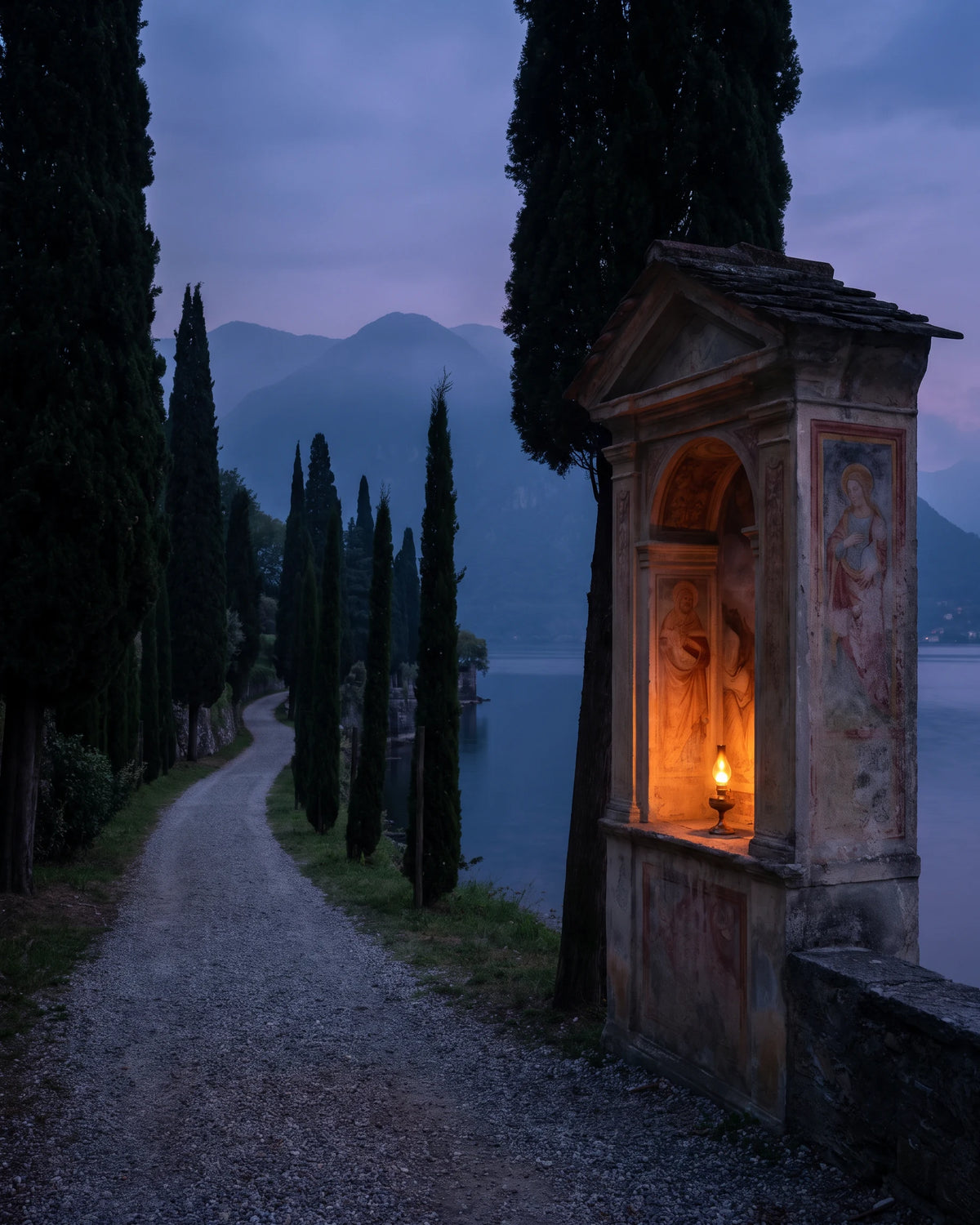A small stone wayside shrine lit by a candle, beside a gravel path lined with cypress trees above the lake.