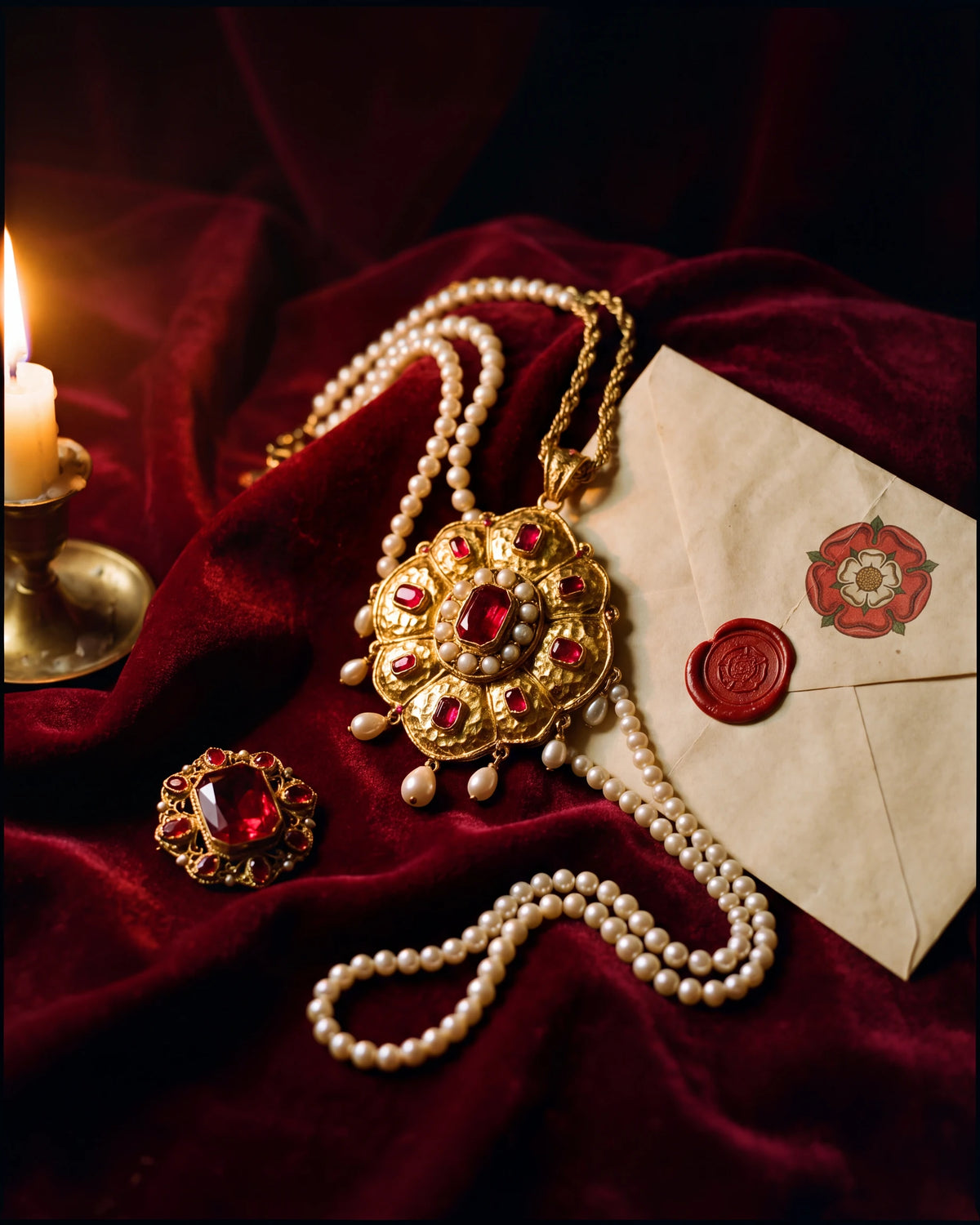 Tudor jewels, a ruby and pearl pendant, a rope of pearls and a ruby brooch, on crimson velvet by candlelight beside a letter sealed with red wax.