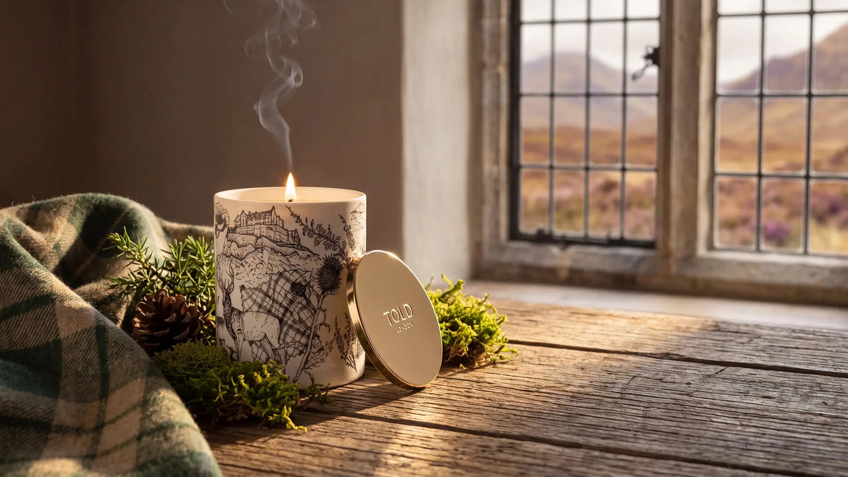A lit Highland Retreat, Scotland candle on an old wooden sill with tartan, moss and a pine cone, heather hills through the window.