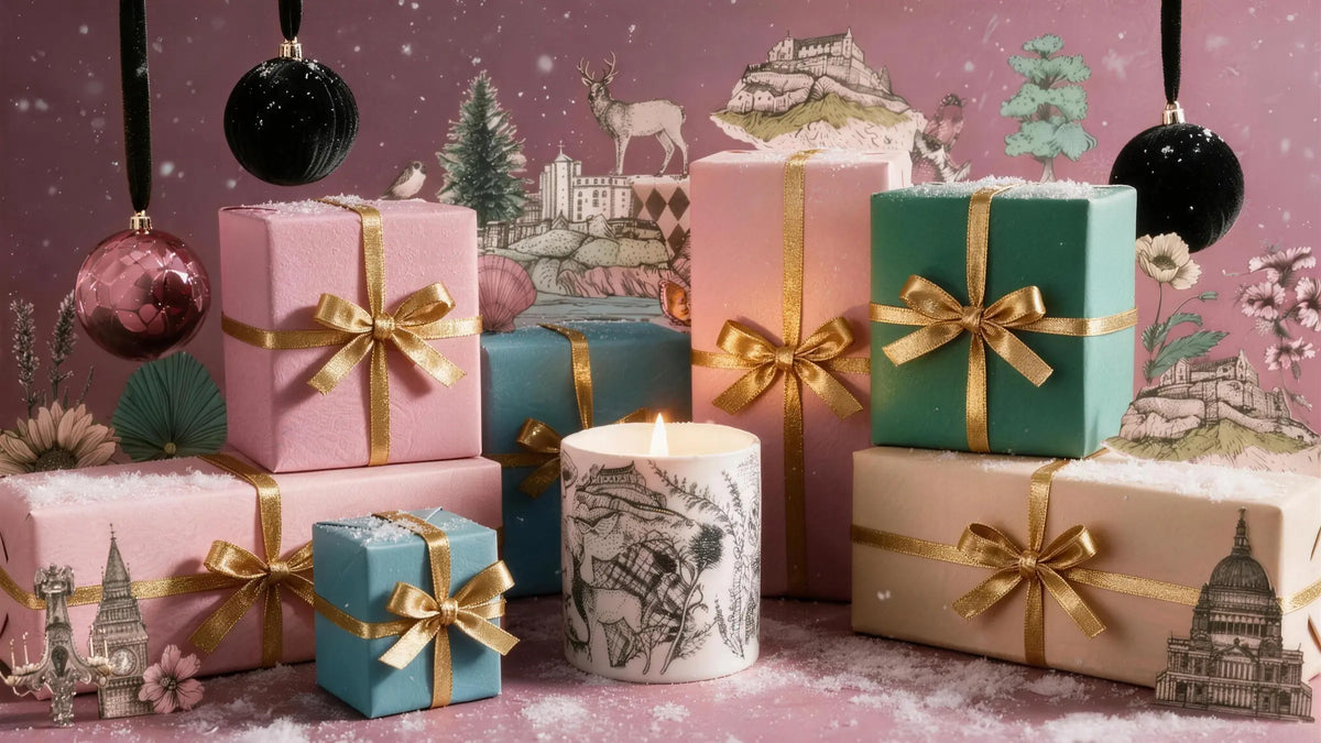A lit Told London Highland Retreat, Scotland candle among a pile of gift boxes in pink, teal, green and kraft paper tied with gold ribbon, black and pink baubles hanging above, snow falling, and cut-out illustrations of a stag and a castle behind