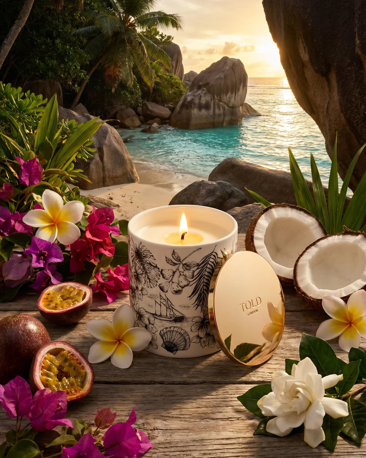 Uždegta žvakė Island Breeze, Seychelles ant laiko nugairinto medžio su frangipanais, kokosu ir marakujomis, už jos turkio spalvos įlanka saulėlydyje.