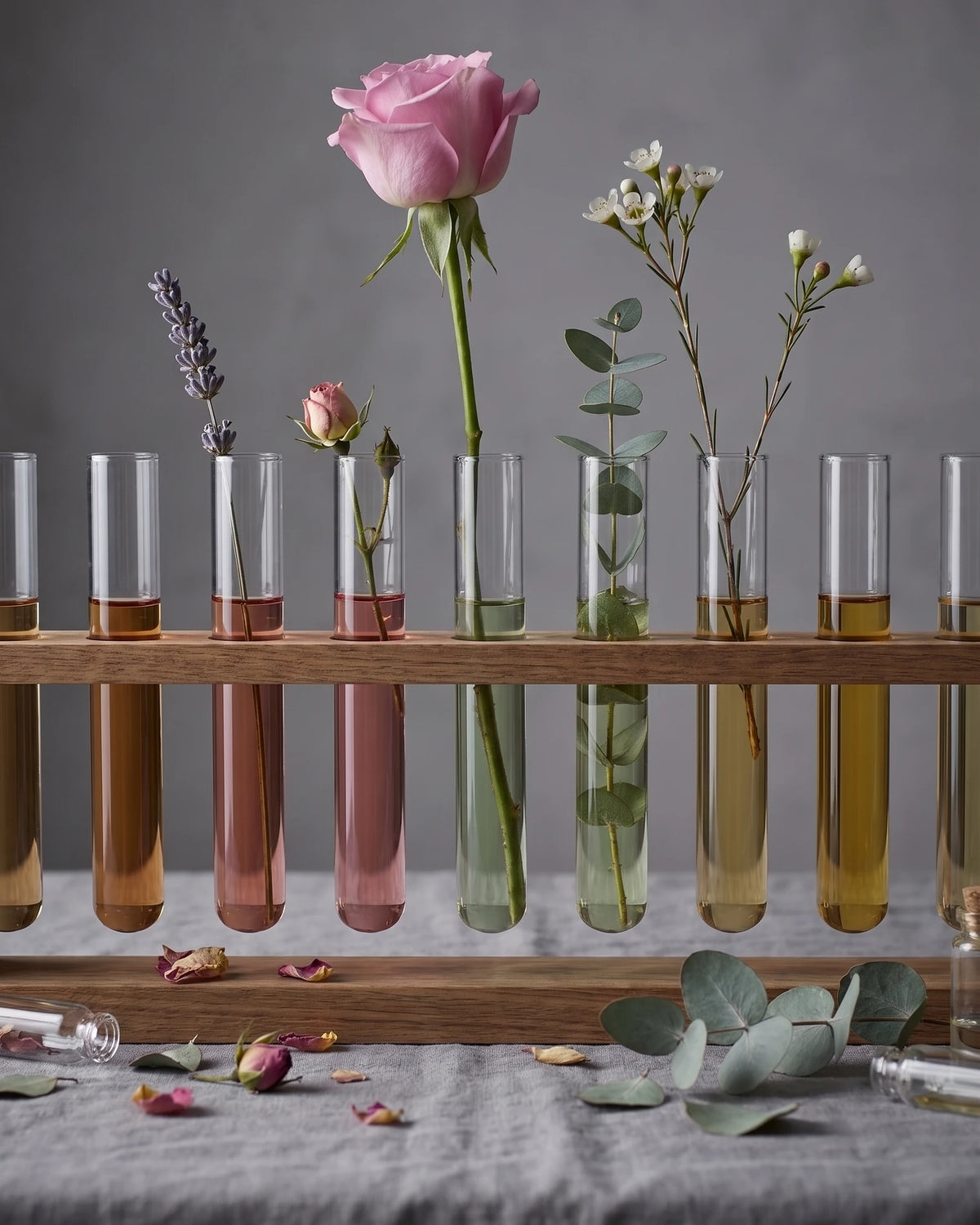 A wooden rack of glass test tubes holding fragrance oils, with a rose, lavender and eucalyptus in some of them.