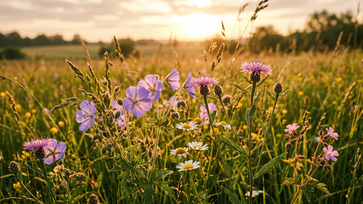 A summer meadow of cranesbill, knapweed and ox-eye daisies in low evening sun.